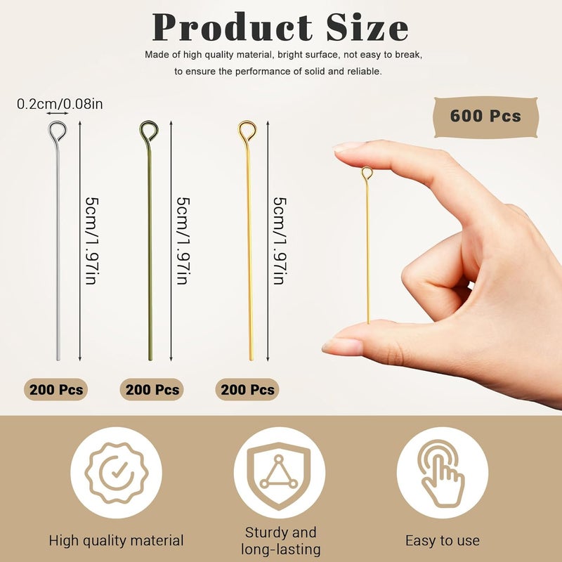 BangBoom 600 Pieces Metal Wire Eye Pins, 2"/50 MM Long Eyepins, Open Straight Eye Pins for Jewelry Making Supplies Earring Findings DIY Bead (Bronze, White Karat Gold, Gold) - Image 2